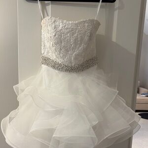 Jovani White Lace Bodice Ruffle Tulle Dress with Beaded Waist